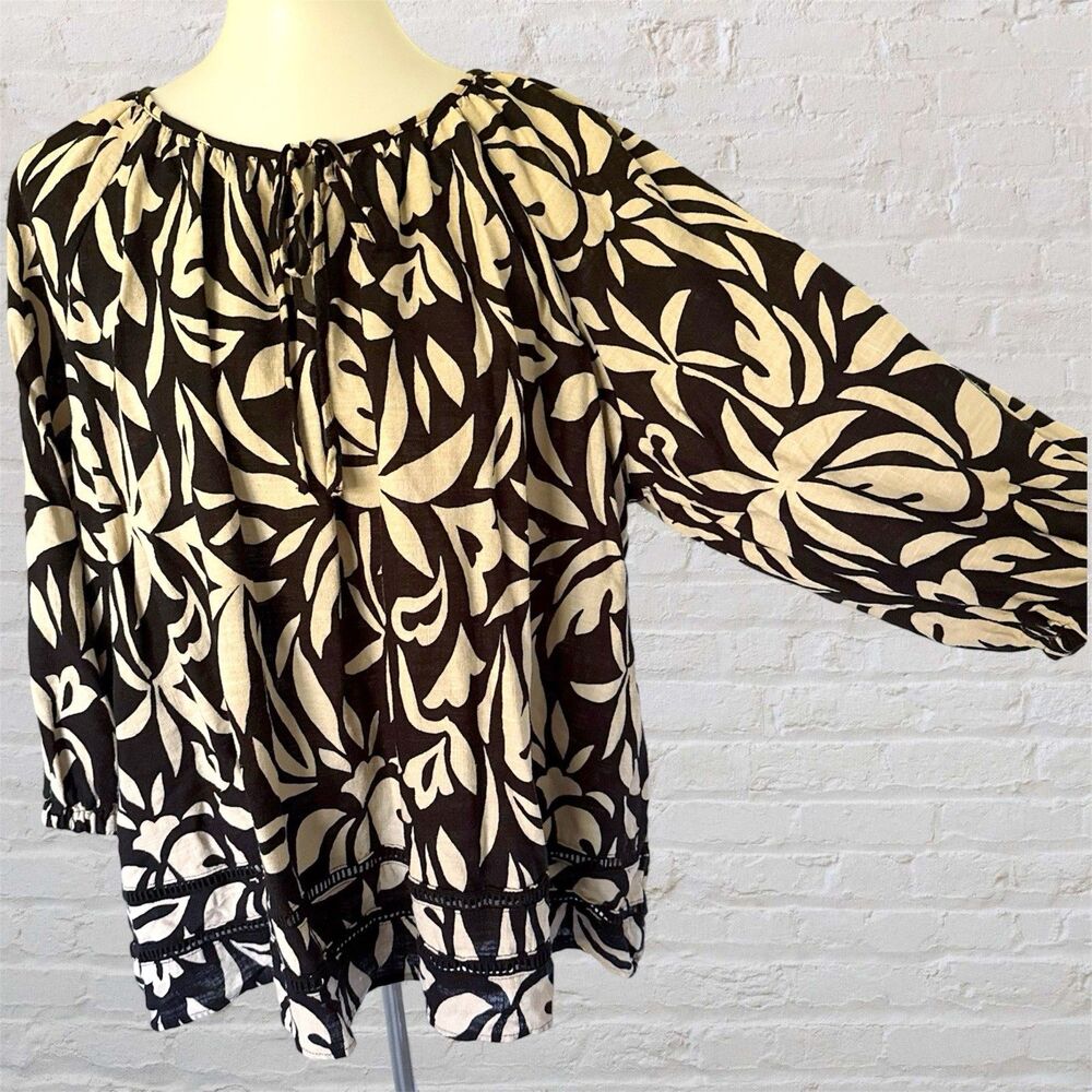 Boho Tropical Botanical Print Tie Neck Blouse Top Shirt Black Tan Rayon Linen 2X